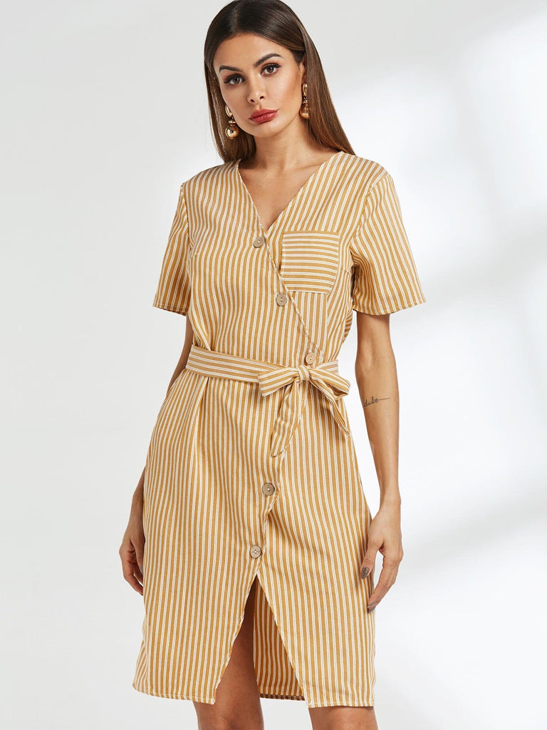 Yellow V-Neck Short Sleeve Belt Wrap Casual Dresses