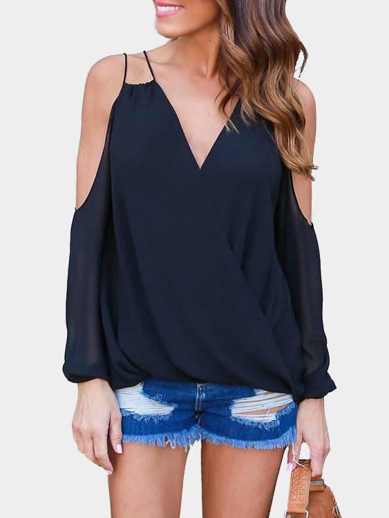 V-Neck Plain Long Sleeve Top