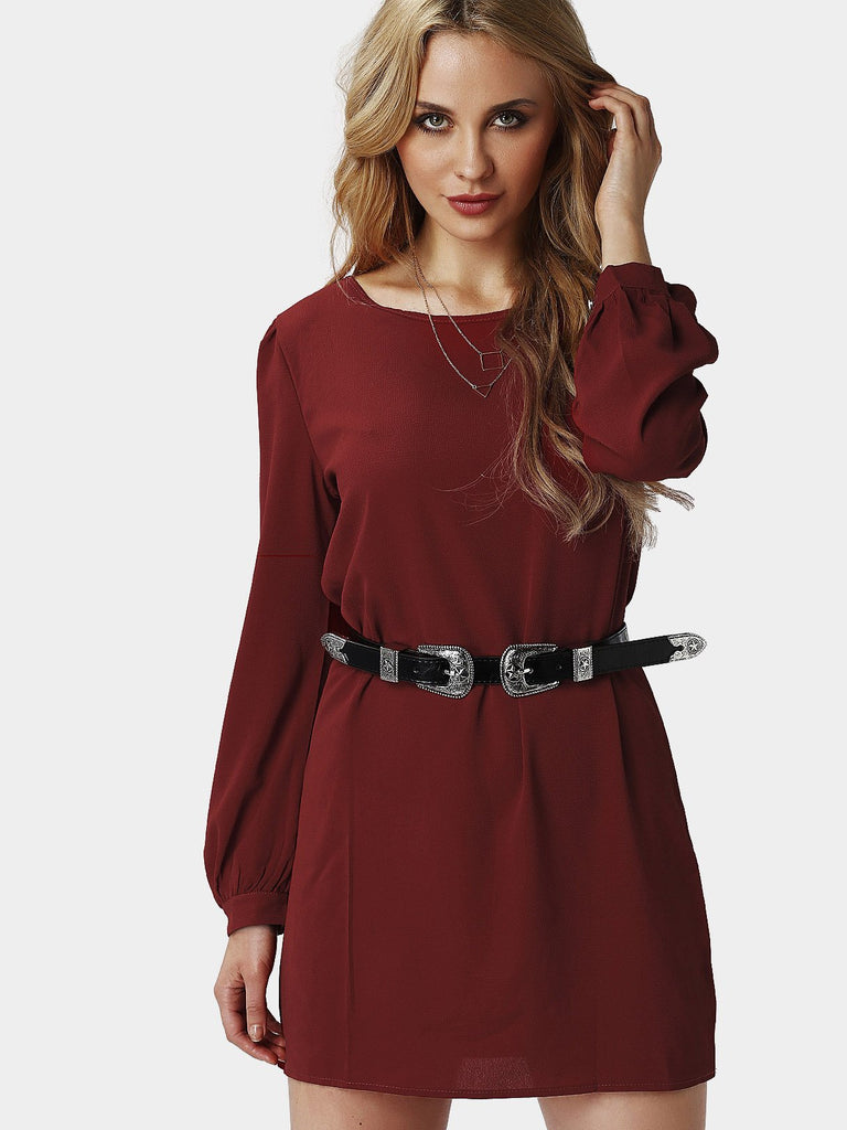 Burgundy Round Neck Long Sleeve Plain Mini Dress