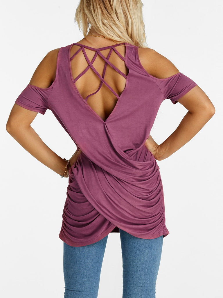 Scoop Neck Cold Shoulder Plain Crossed Front Lace-Up Cut Out Pleated Short Sleeve Slit Hem Purple T-Shirts