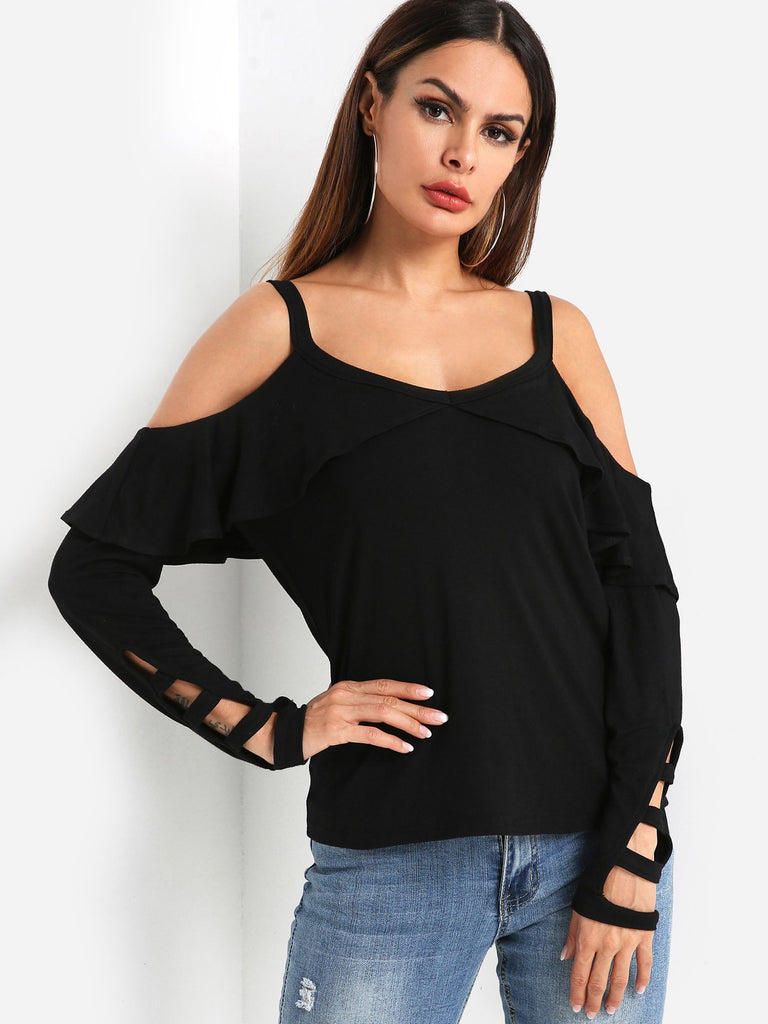 Cold Shoulder Plain Cut Out Long Sleeve Black T-Shirts