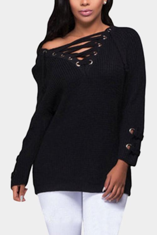 Black V-Neck Long Sleeve Lace-Up Sweaters