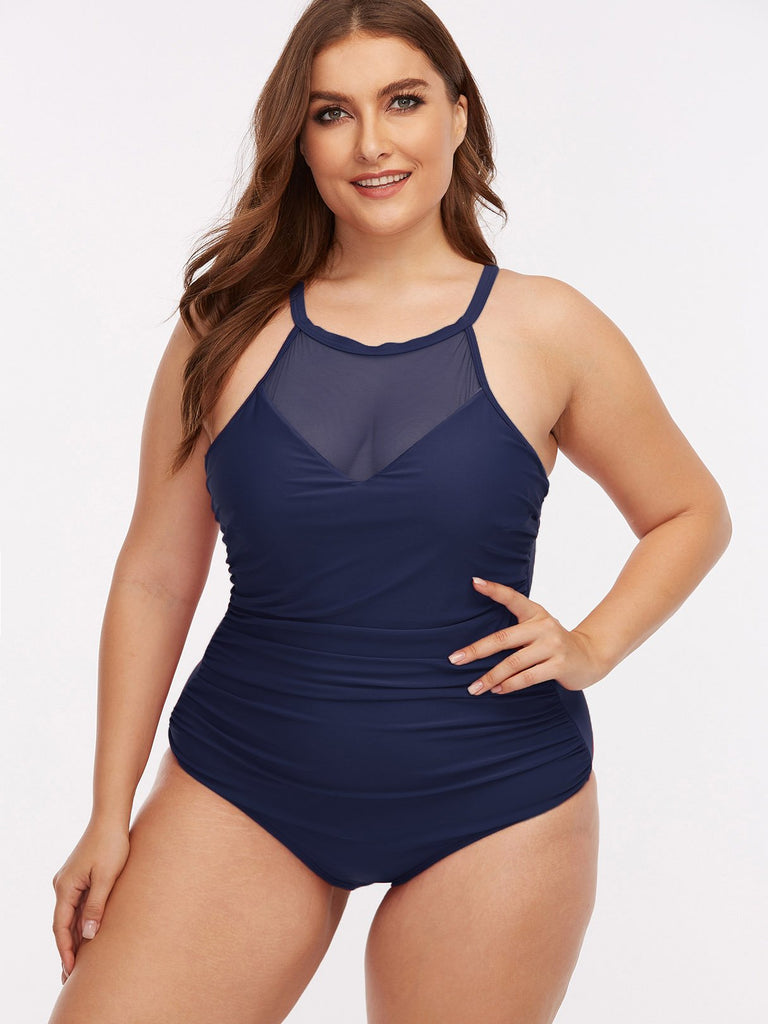 Halter Backless See Through Sleeveless Blue Plus Size Swimwear