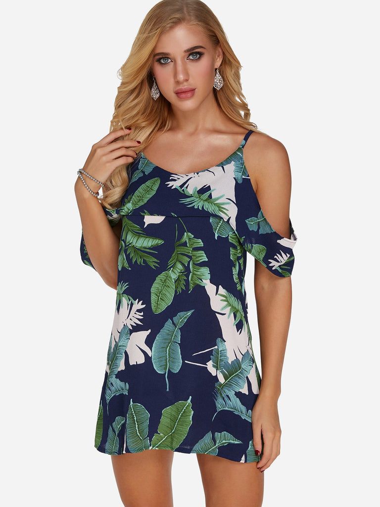 Green Cold Shoulder Floral Print Mini Dresses