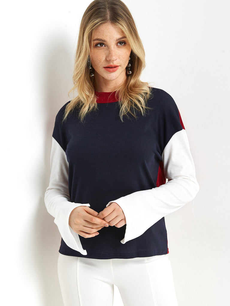Crew Neck Plain Slit Long Sleeve T-Shirt