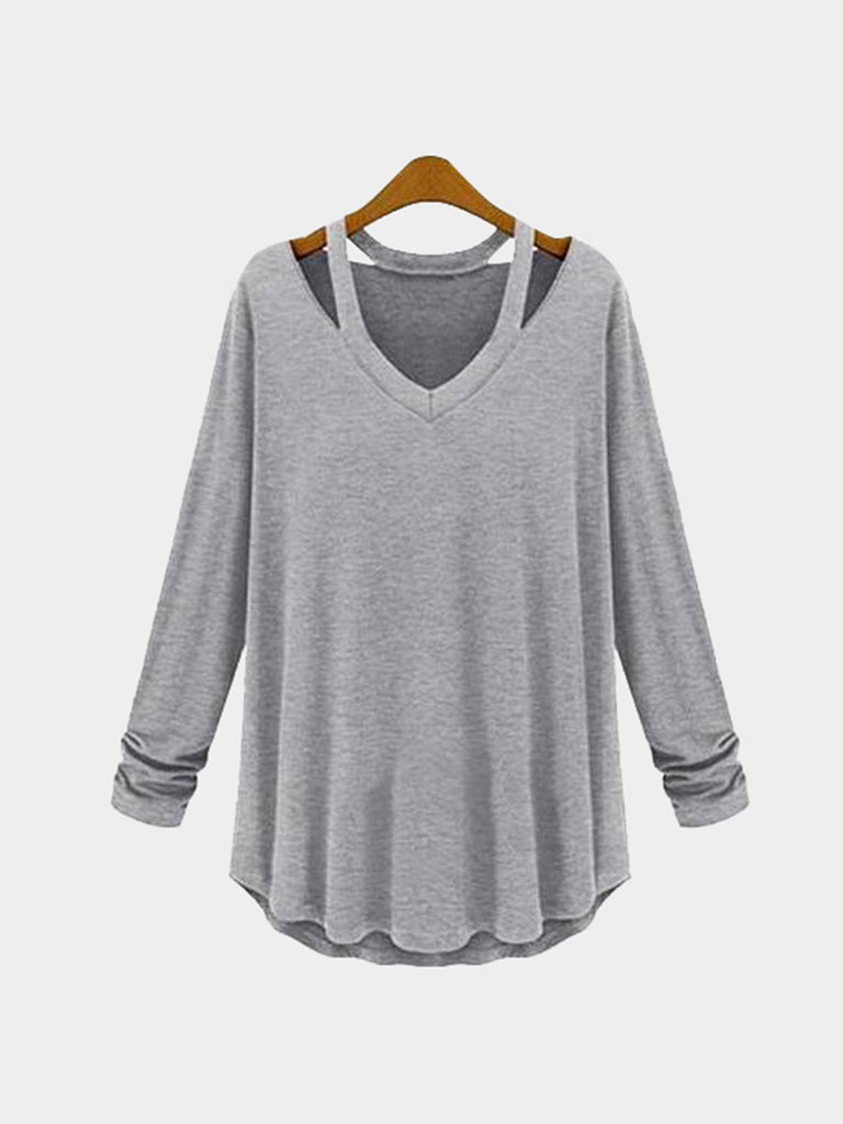 V-Neck Plain Cut Out Long Sleeve Curved Hem T-Shirts