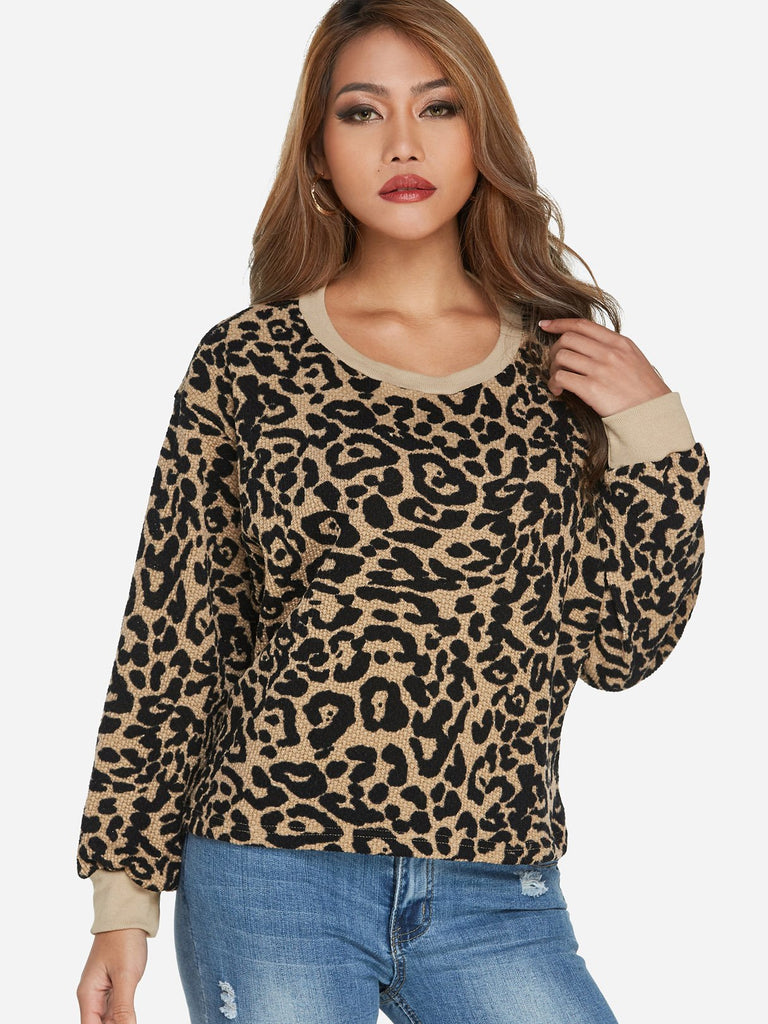 Round Neck Leopard Long Sleeve Khaki T-Shirts