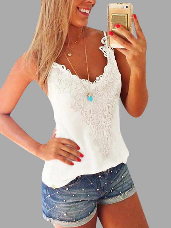 White V-Neck Sleeveless Lace Camis