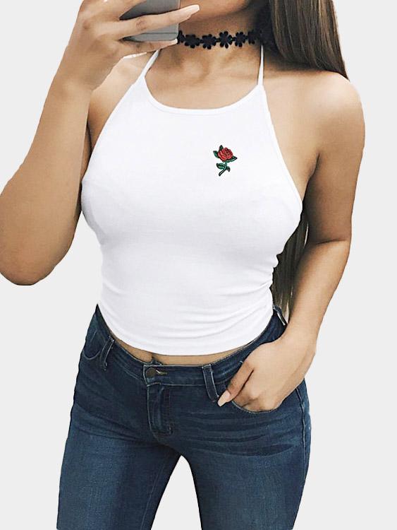 Round Neck Halter Embroidered Backless Sleeveless White Camis
