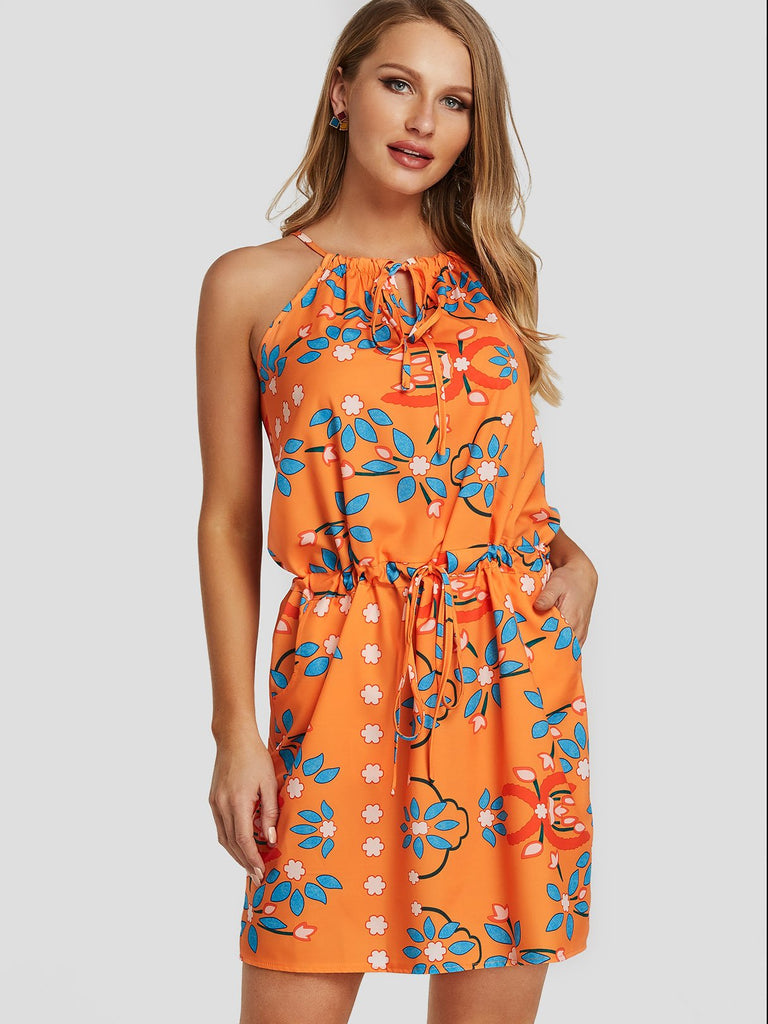 Orange Halter Sleeveless Floral Print Side Pockets Dresses