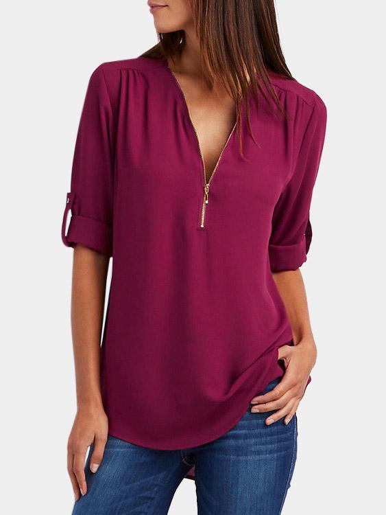 V-Neck Plain Zip Back Long Sleeve Curved Hem Burgundy Blouses