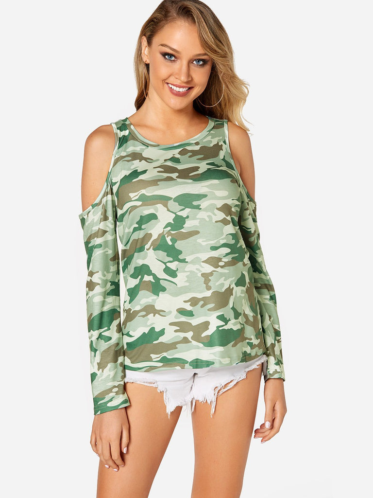 Round Neck Cold Shoulder Camouflage Long Sleeve T-Shirts