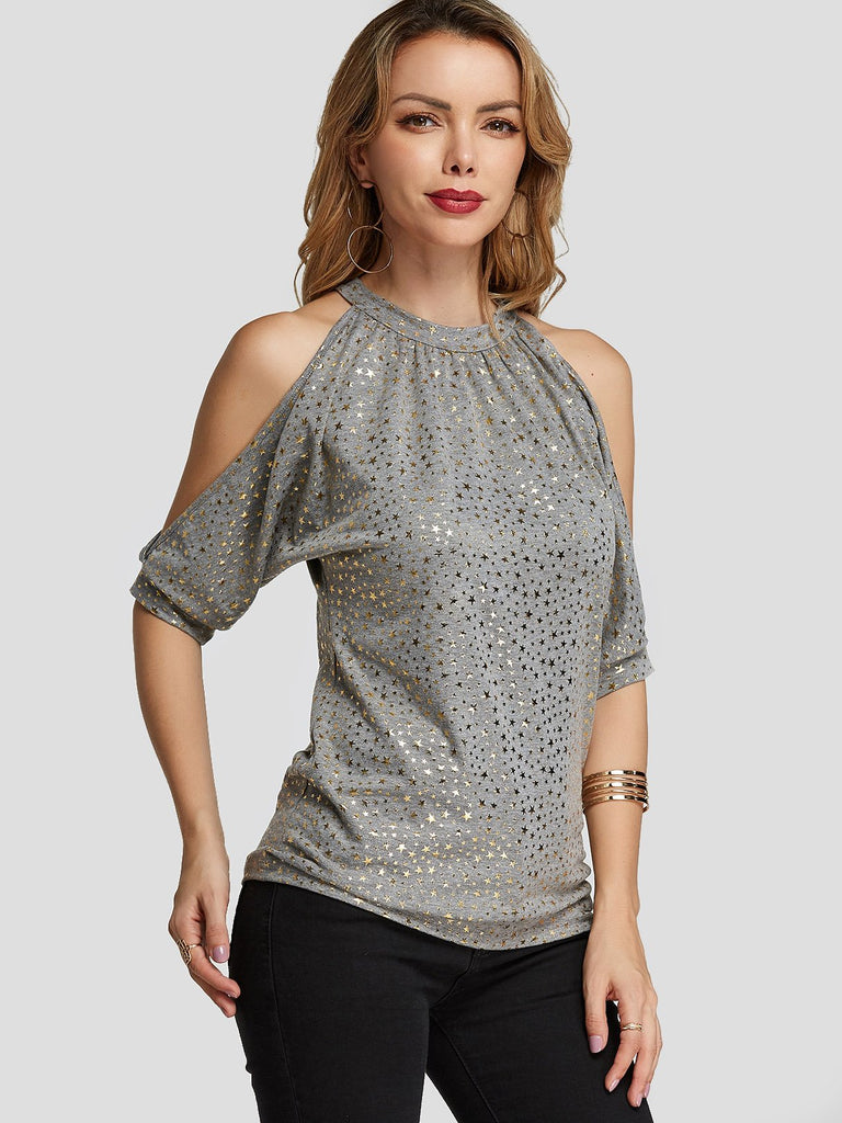 Cold Shoulder Star Cut Out Glitter Half Sleeve Gray T-Shirts