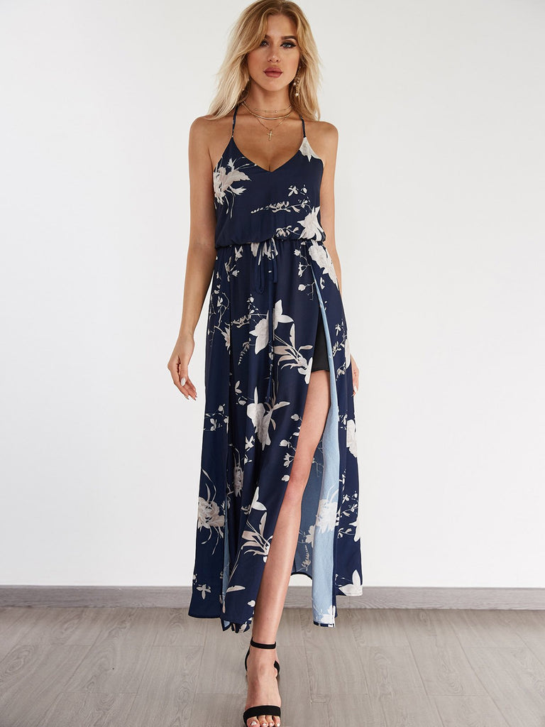 Black V-Neck Sleeveless Floral Print Slit Hem Maxi Dress