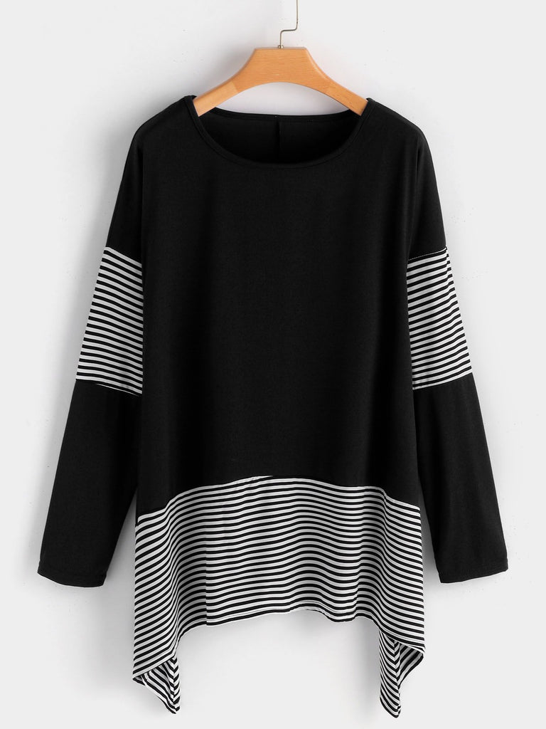 Crew Neck Stripe Long Sleeve Irregular Hem Black T-Shirts