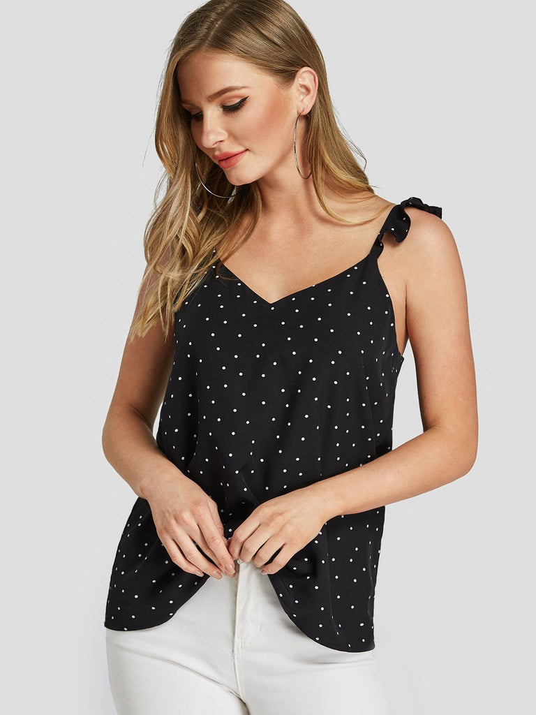 V-Neck Polka Dot Spaghetti Strap Sleeveless Black Camis