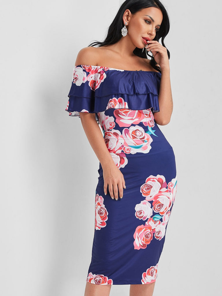 Ladies Dark Blue Floral Dresses