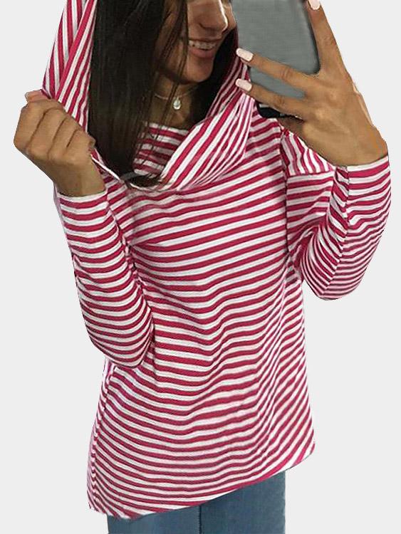 Stripe Long Sleeve Irregular Hem Red T-Shirts