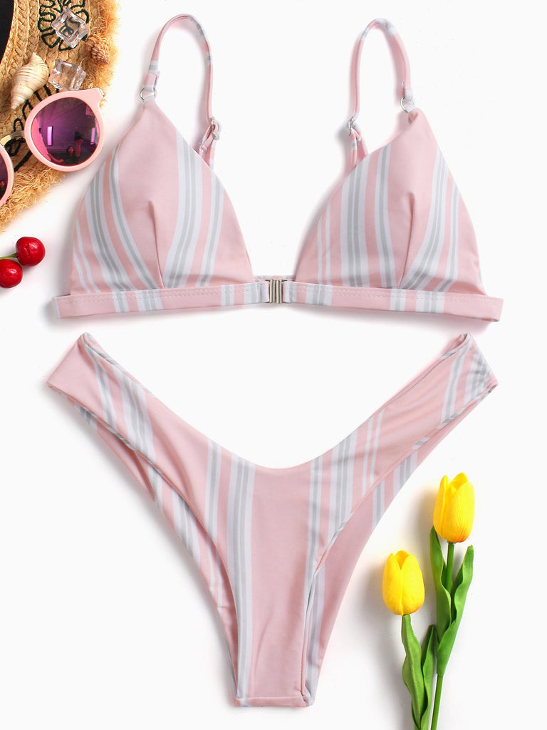 Pink V-Neck Sleeveless Stripe Spaghetti Strap Bikinis