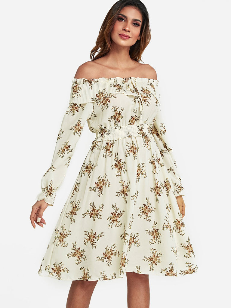 White Off The Shoulder Long Sleeve Floral Print Dress