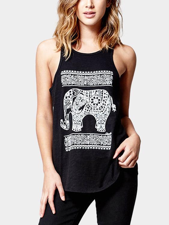 Round Neck Animal Sleeveless Black Tank Top