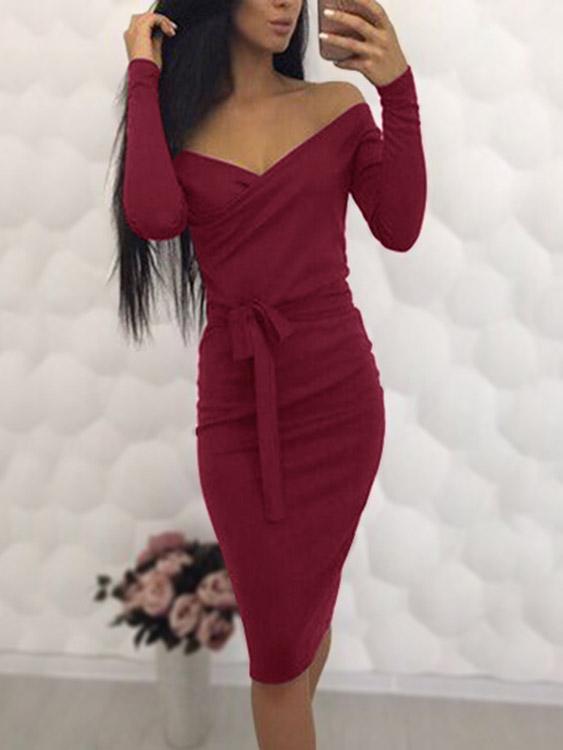 V-Neck Off The Shoulder Long Sleeve Plain Crossed Front Dresses