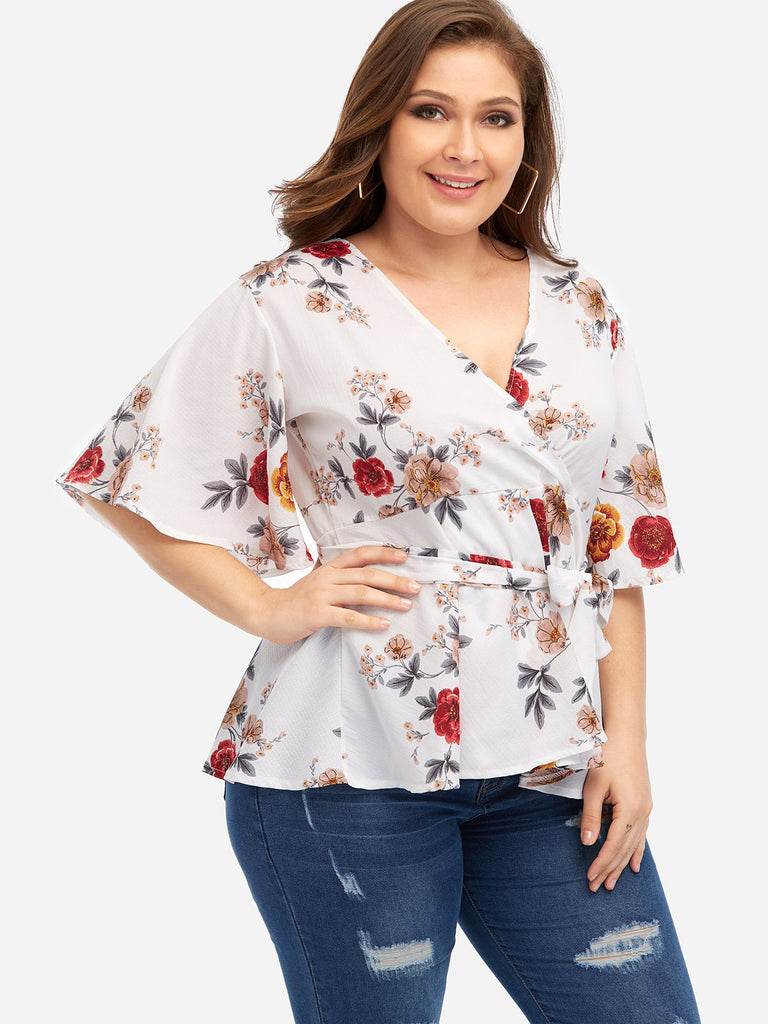 V-Neck Floral Print Half Sleeve White Plus Size Tops