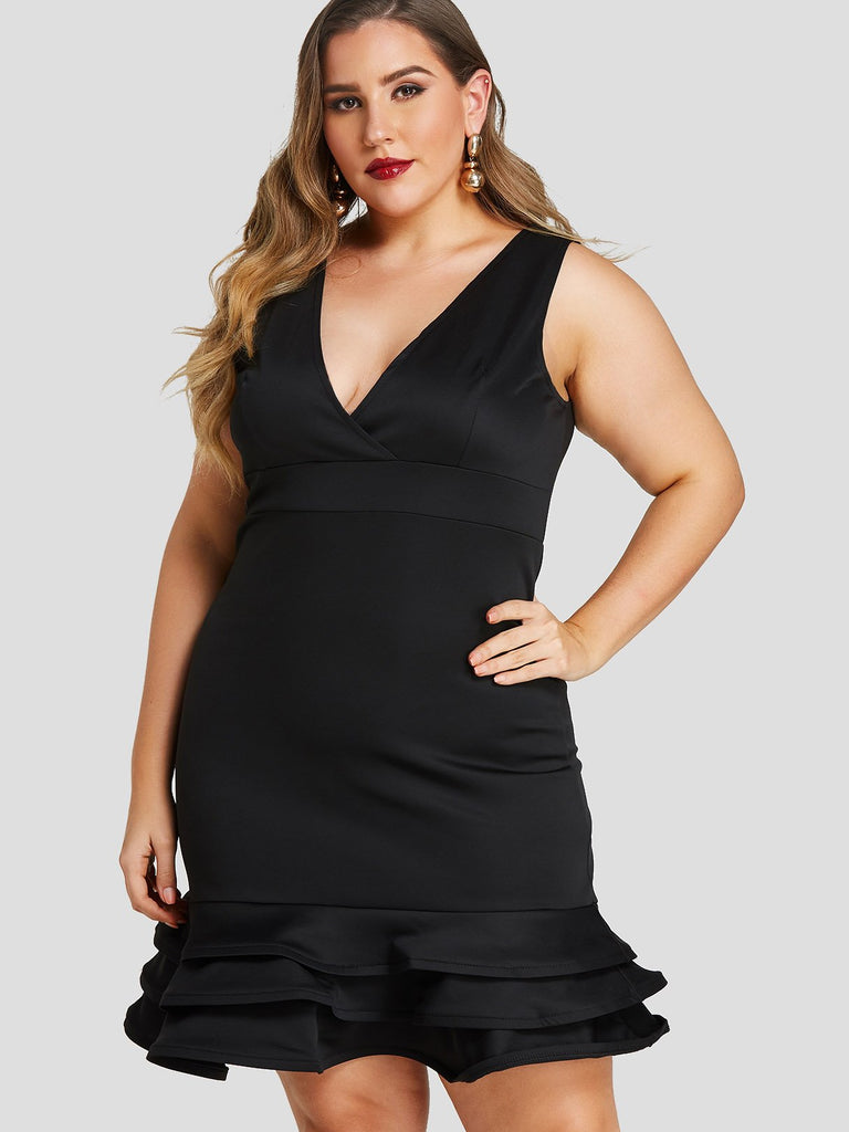 V-Neck Ruffle Trim Sleeveless Black Plus Size Dress