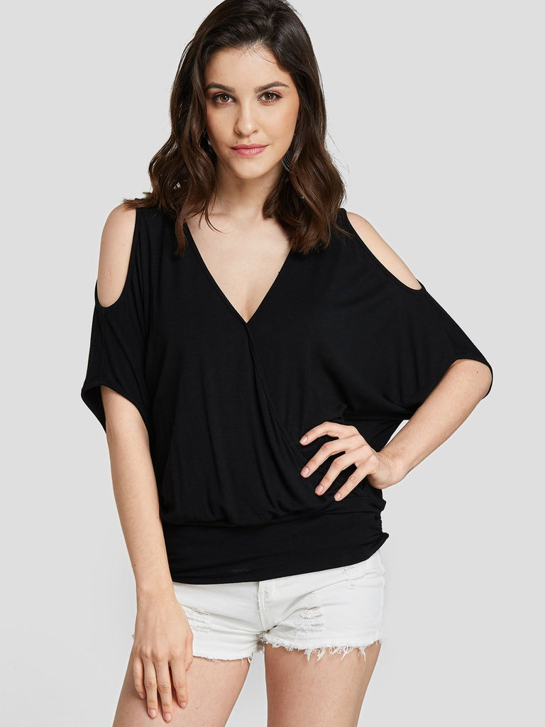 Cold Shoulder Deep V Neck Plain Half Sleeve Black T-Shirts