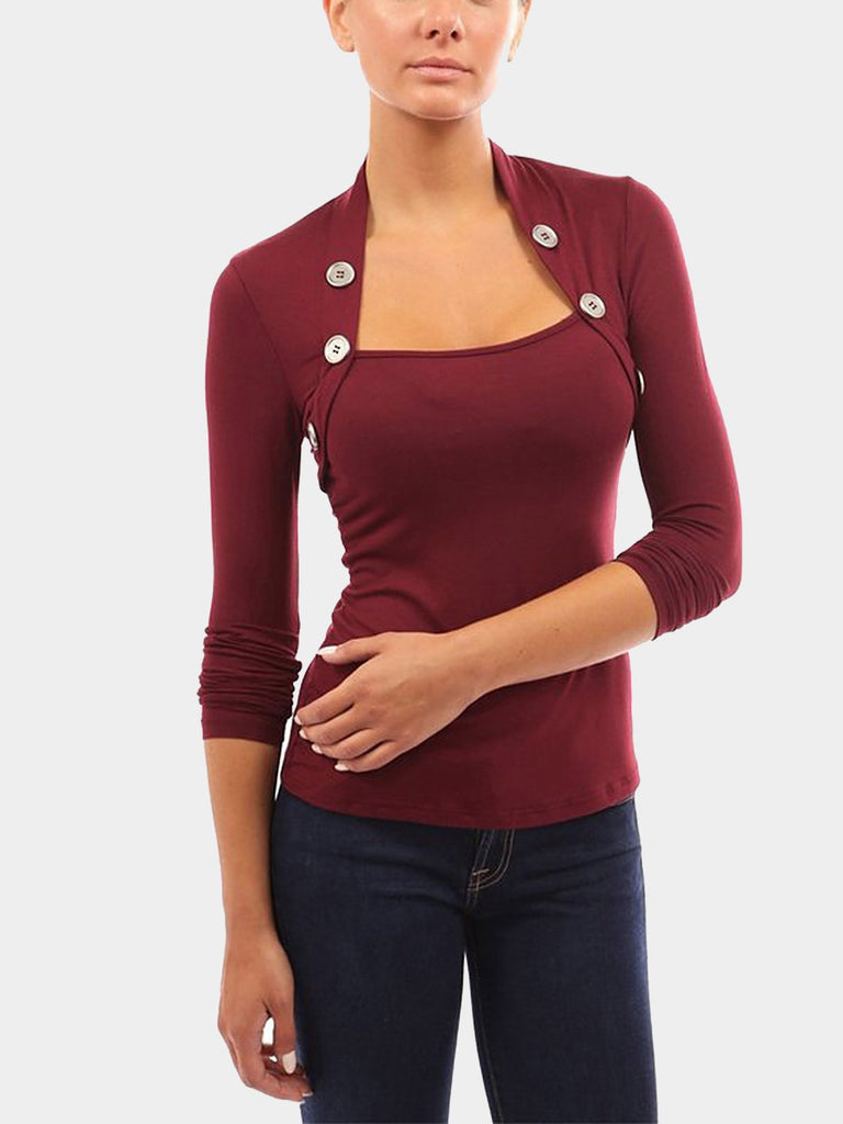 Long Sleeves Stand Collar Top With Button