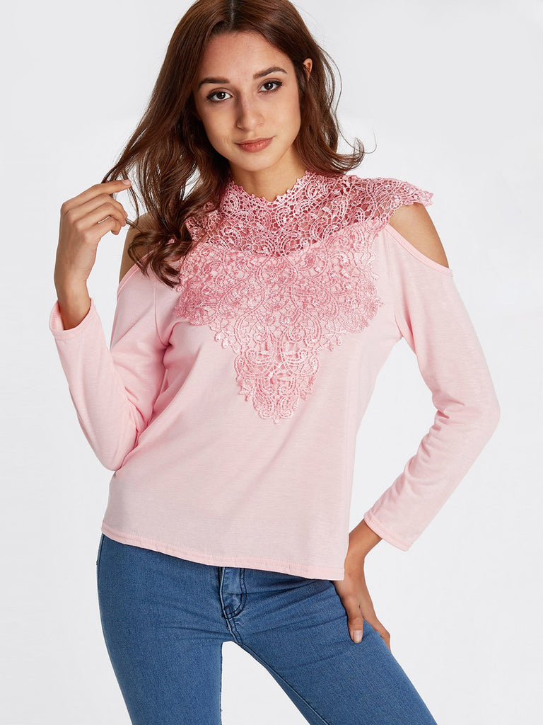 Crew Neck Cold Shoulder Plain Lace Long Sleeve T-Shirts