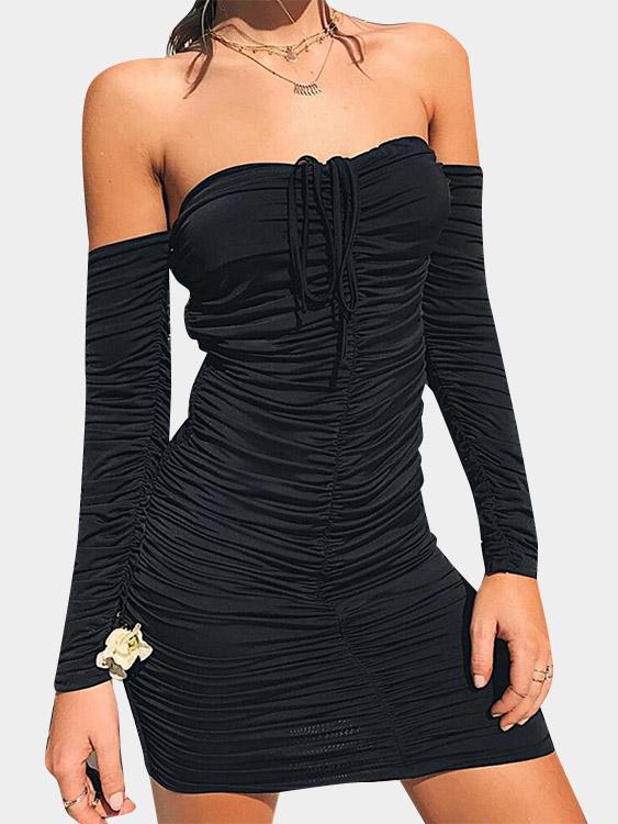 Black Off The Shoulder Long Sleeve Pleated Dress