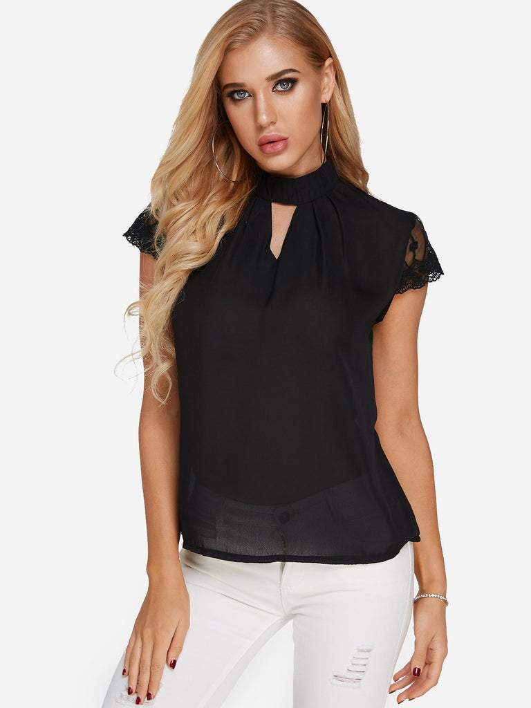 Halter Plain Lace Cut Out Short Sleeve Blouses