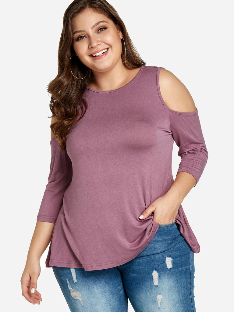 Round Neck Cold Shoulder Plain Cut Out 3/4 Sleeve Pink Plus Size Tops