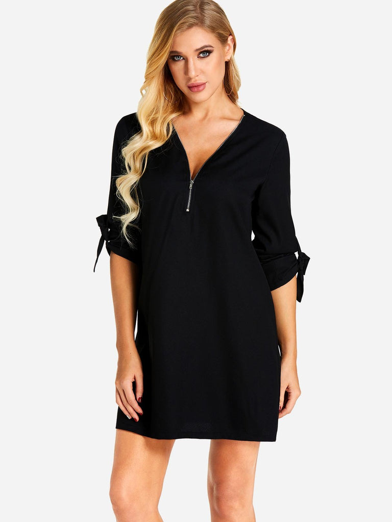 Black Half Sleeve Plain Zip Back Self-Tie Mini Dresses