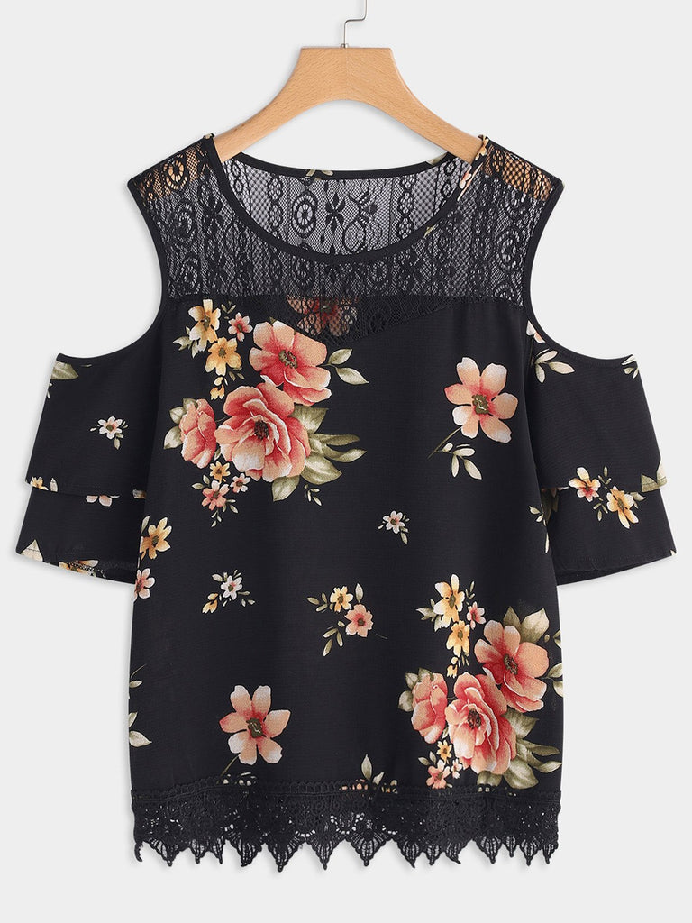 Round Neck Floral Print Lace Cut Out Short Sleeve Plus Size Tops