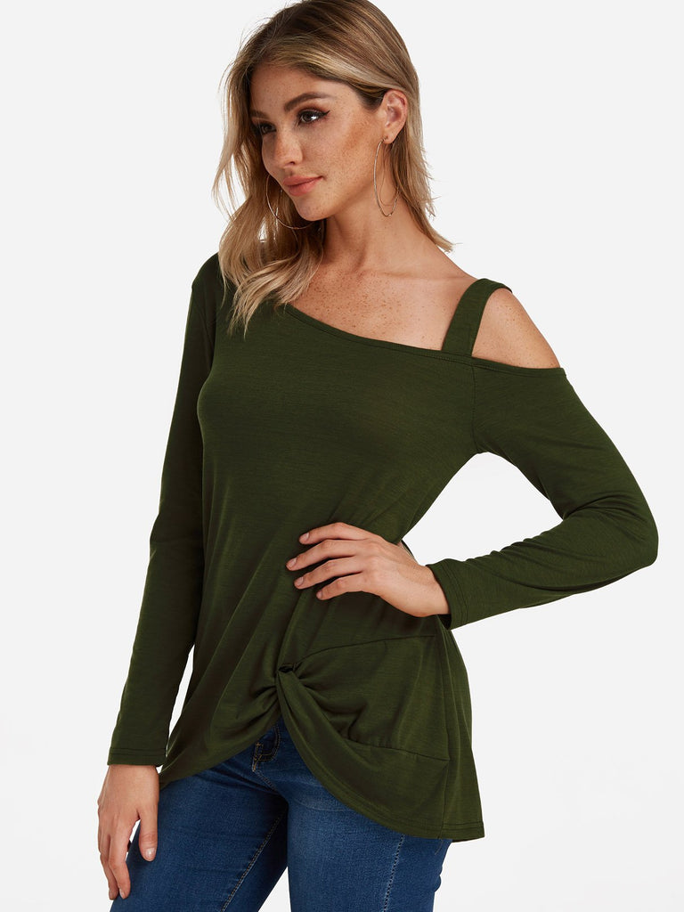 One Shoulder Pleated Long Sleeve Ruffle Hem Army Green T-Shirts
