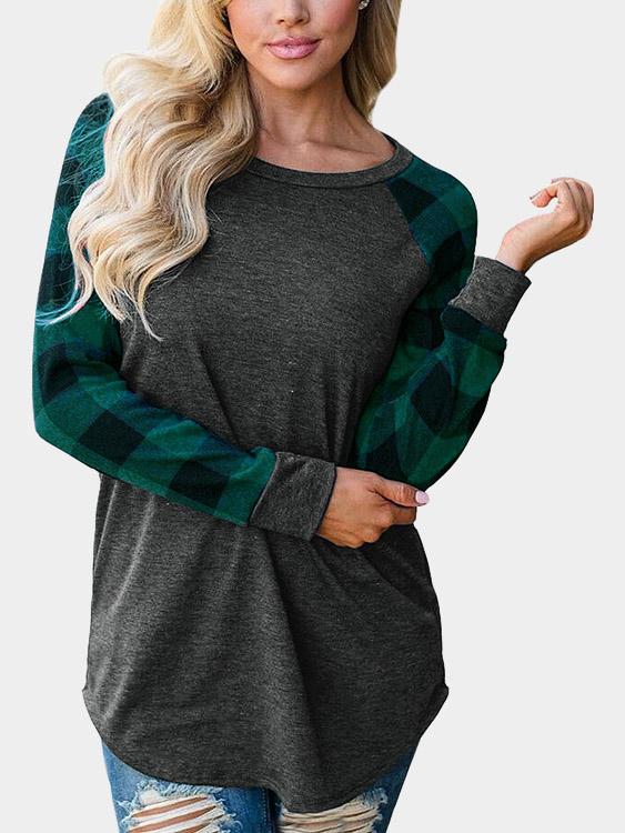 Round Neck Grid Long Sleeve Curved Hem Green T-Shirts
