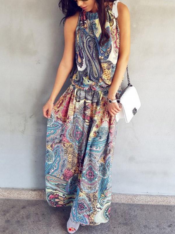 Halter Sleeveless Floral Print Maxi Dresses