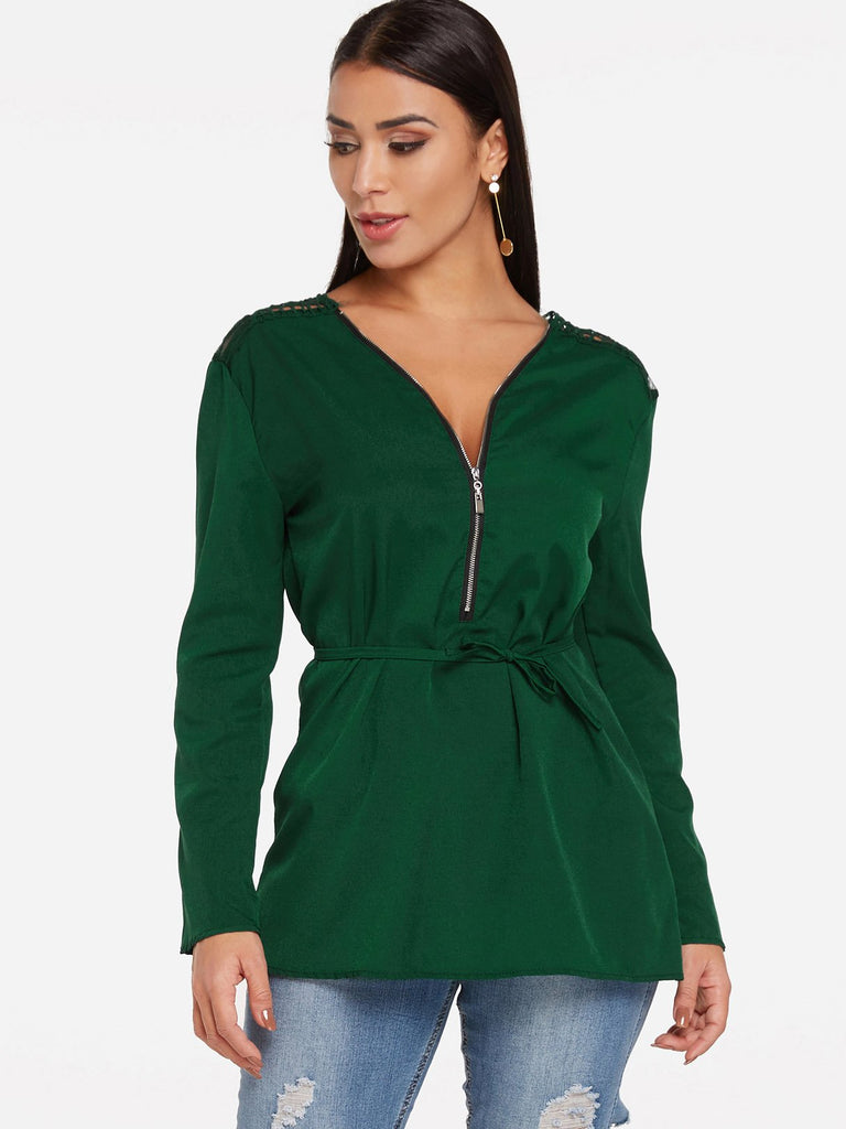 V-Neck Plain Lace Zip Back Long Sleeve Green Blouses
