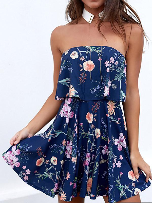 Blue Strapless Off The Shoulder Sleeveless Floral Print Tiered Zip Back Backless Mini Dress
