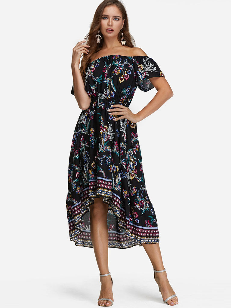 Off The Shoulder Short Sleeve Floral Print High-Low Hem Dresses