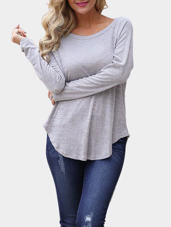 Scoop Neck Backless Cut Out Long Sleeve Curved Hem Grey T-Shirts
