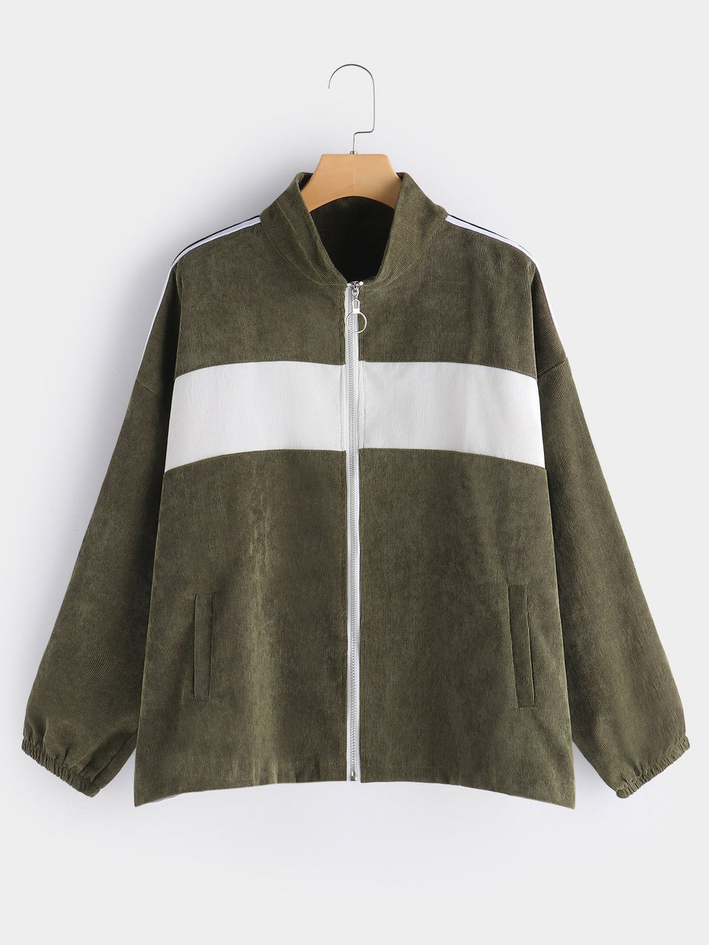 Stripe Zip Back Long Sleeve Army Green Plus Size Coats & Jackets