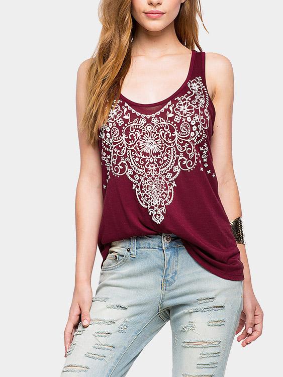 Round Neck Geometrical Sleeveless Burgundy Tank Top