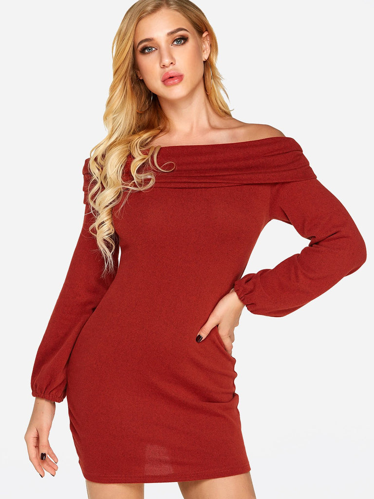 Off The Shoulder Long Sleeve Plain Dress