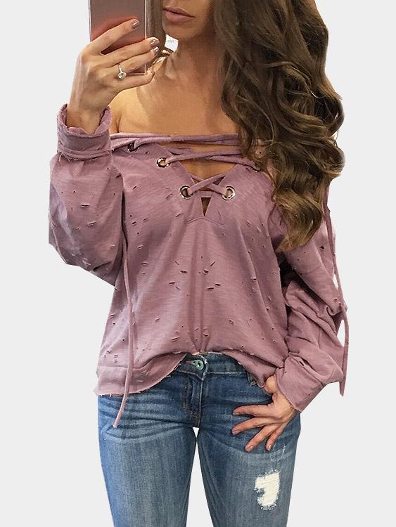 V-Neck Hollow Lace-Up Cut Out Long Sleeve Pink T-Shirts