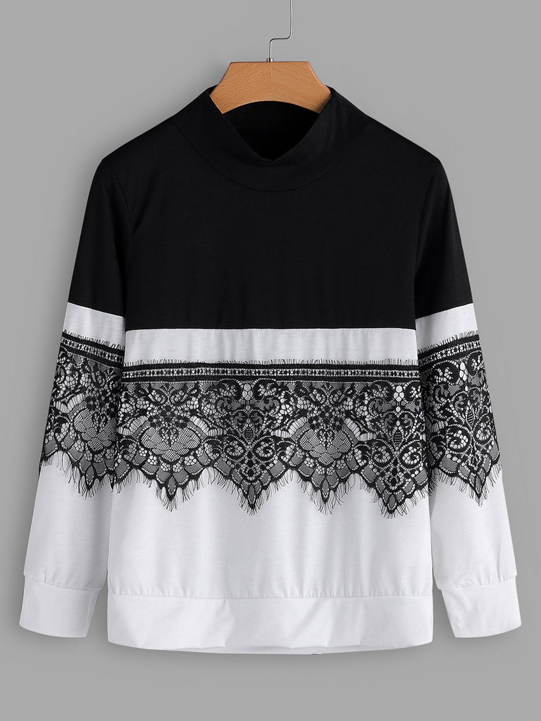 Perkins Collar Lace Long Sleeve Black T-Shirts
