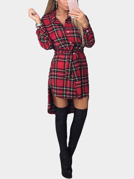 Classic Collar Long Sleeve Grid Slit Hem Shirt Dress