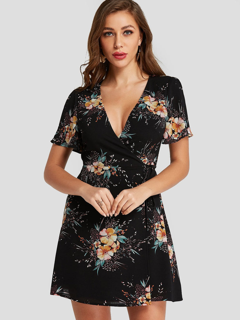 Black Deep V Neck Short Sleeve Floral Print Slit Self-Tie Wrap Mini Dresses